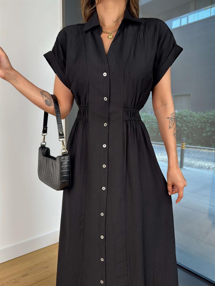 V Yaka Kolsuz Önü Düğme Kapamalı Damico Siyah Kadın Elbise 25Y464