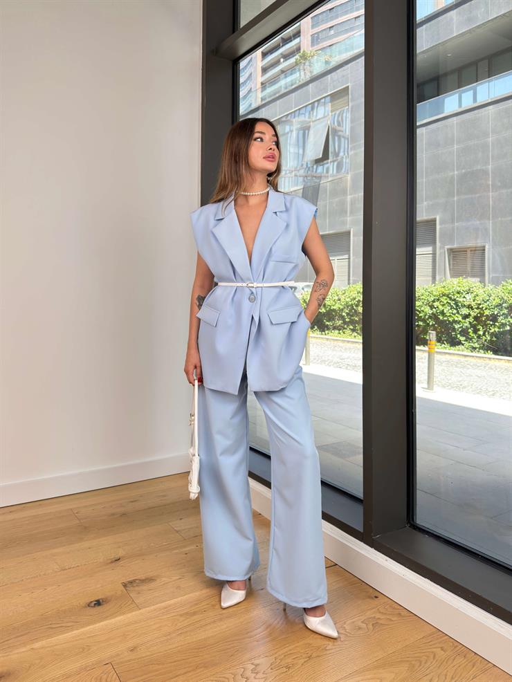 Yüksek Bel Bol Paça Damiko Mavi Kadın Pantolon 25Y463