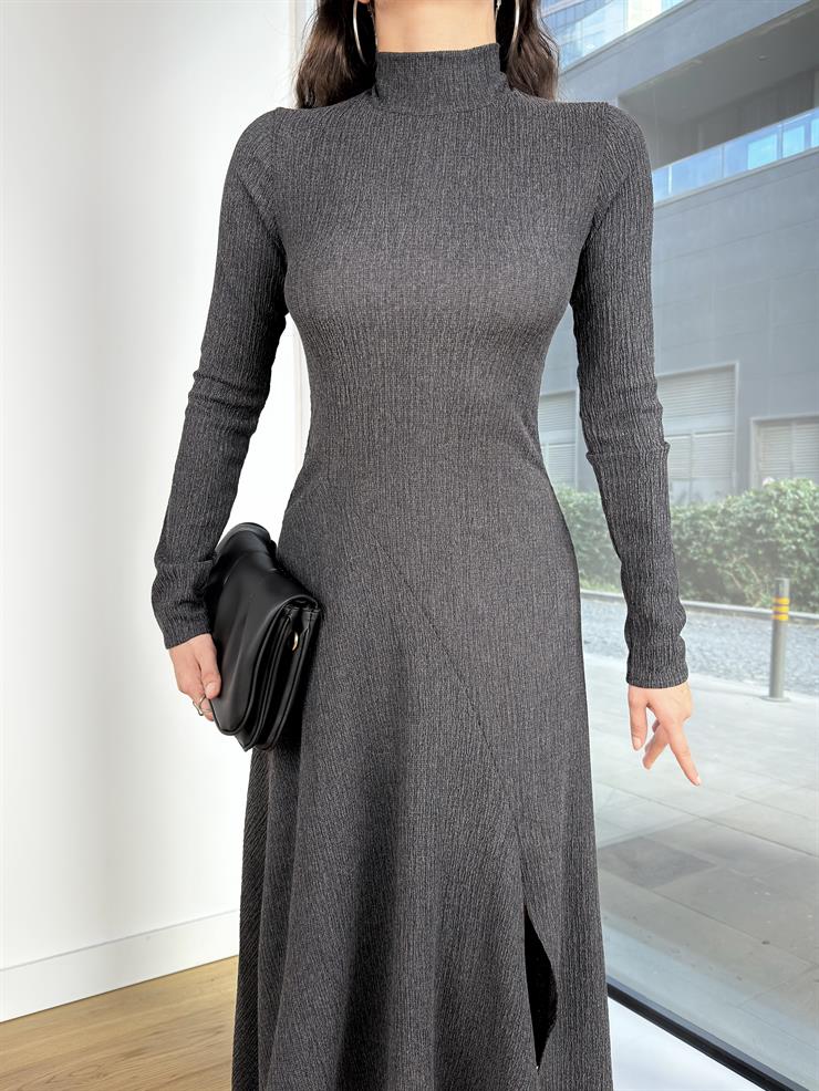 Boğazlı Uzun Kollu Damir Antrasit Elbise 25K391