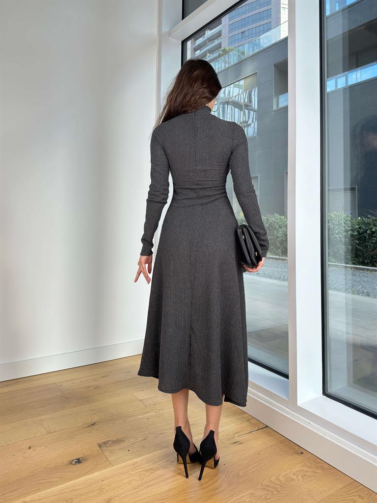 Boğazlı Uzun Kollu Damir Antrasit Elbise 25K391