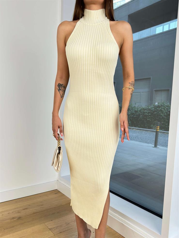 Boğazlı Kolsuz Streç Damjan Kadın Krem Fitilli Midi Elbise 25K037