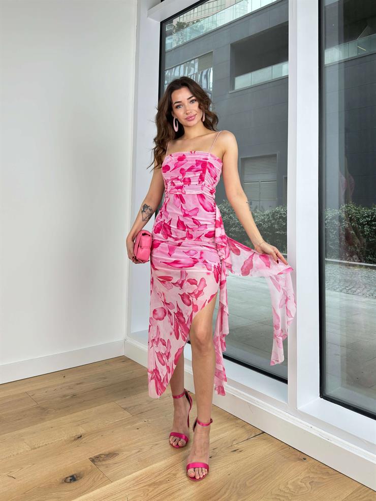 İnce Askılı Drapeli Fırfır Detaylı Dane Kadın Pembe Elbise 24Y327