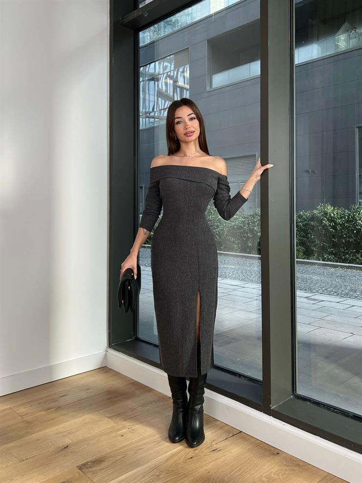 Madonna Yaka Uzun Kol Danila Kadın Füme Midi Elbise 24Y018