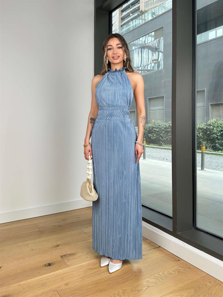 Halter Yaka Sırt Dekolteli Danle Mavi Kadın Elbise 25Y129