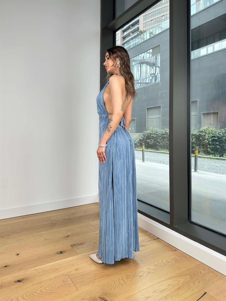 Halter Yaka Sırt Dekolteli Danle Mavi Kadın Elbise 25Y129