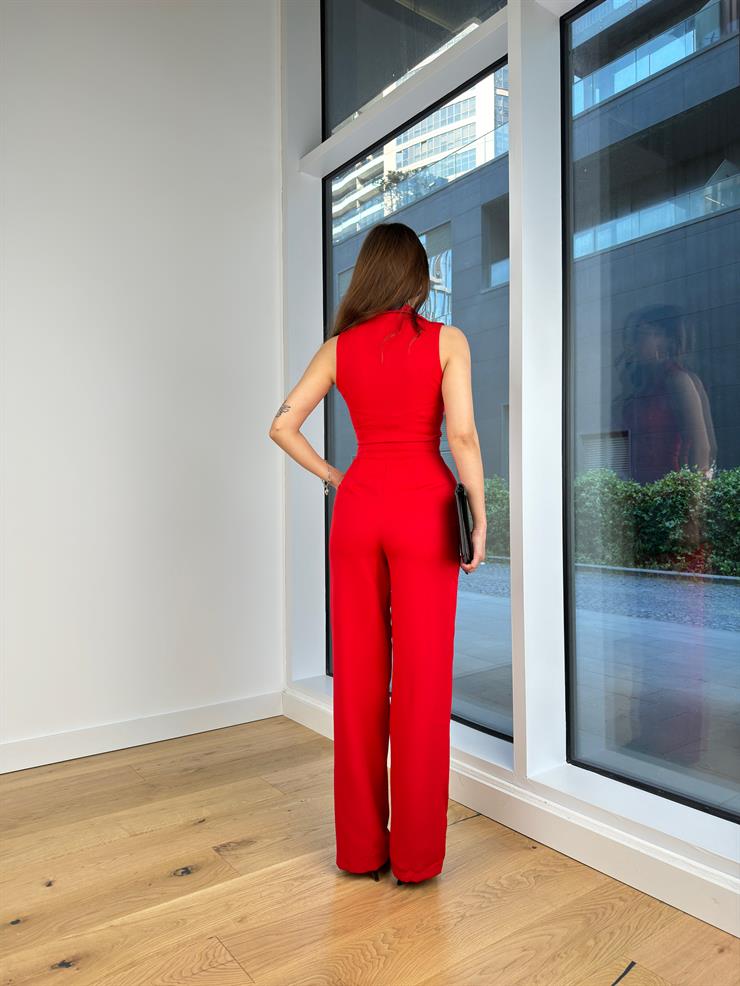 Düğme Kapamalı Kruvaze Yaka Bol Paça Danny Kadın Kırmızı Tulum 24Y499