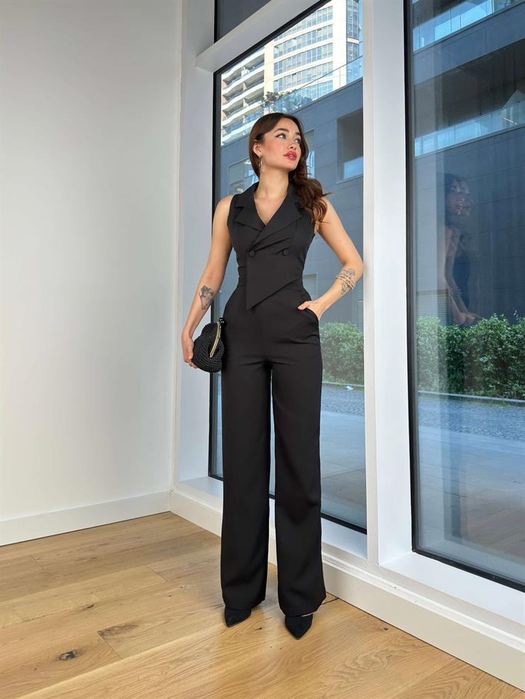 Düğme Kapamalı Kruvaze Yaka Bol Paça Danny Kadın Siyah Tulum 24Y499