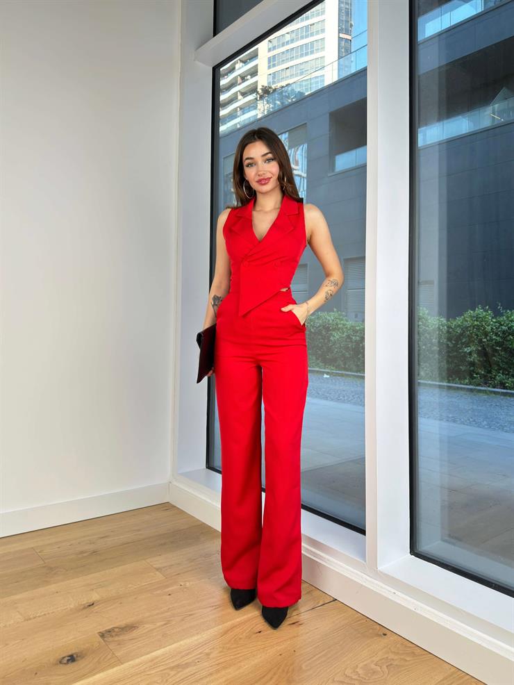 Düğme Kapamalı Kruvaze Yaka Bol Paça Danny Kadın Kırmızı Tulum 24Y499