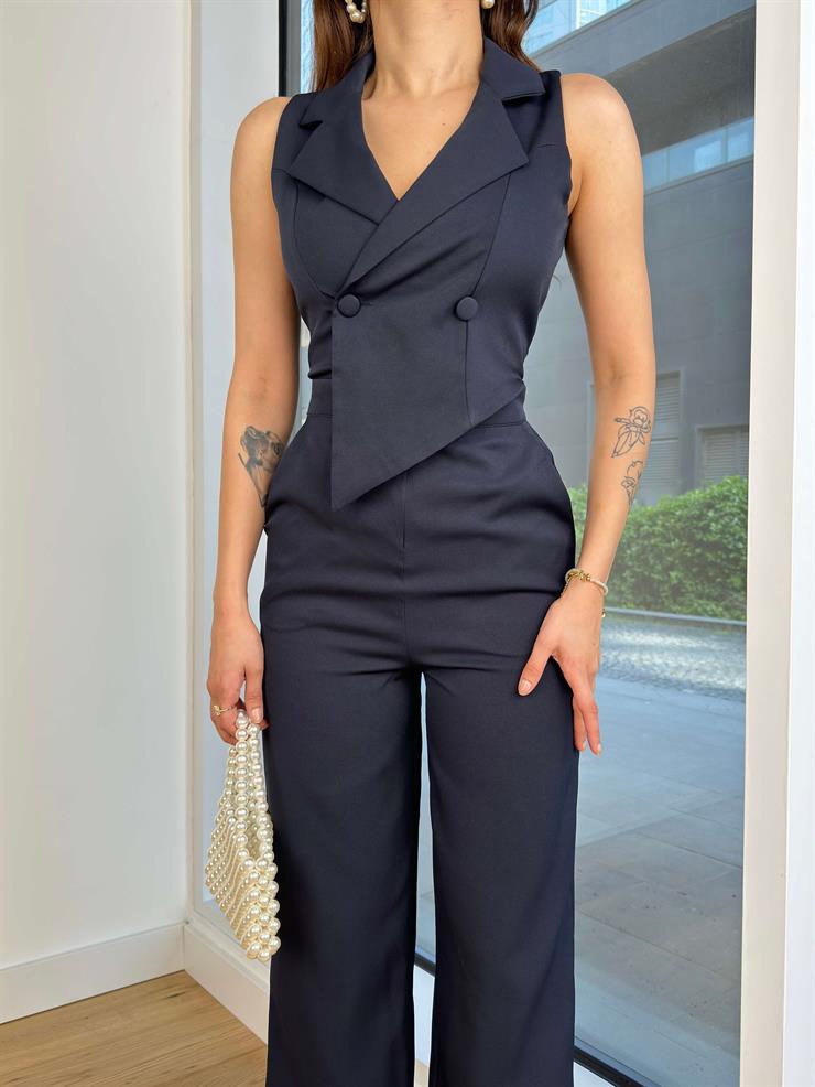 Düğme Kapamalı Kruvaze Yaka Bol Paça Danny Kadın Lacivert Tulum 24Y499