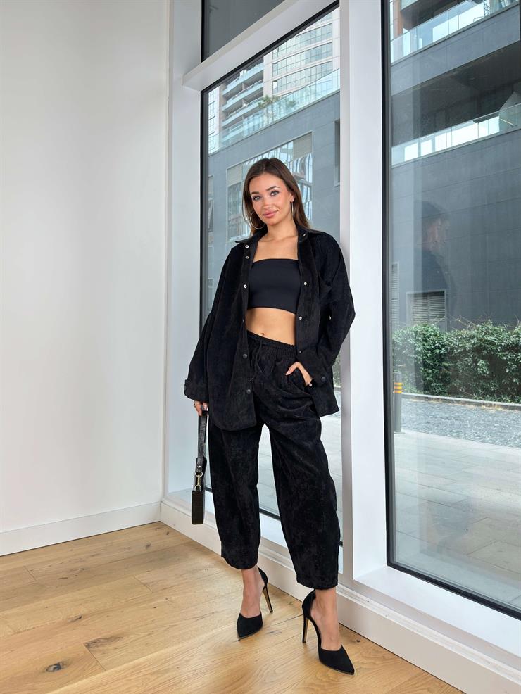 Çıtçıt Kapamalı Cepli Gömlek Beli Bağcıklı Şalvar Pantolon Dante Kadın Siyah Kadife Takım 24k000045