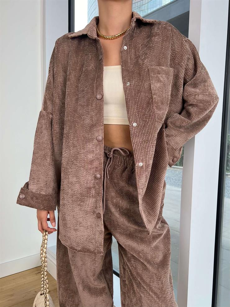 Çıtçıt Kapamalı Cepli Gömlek Beli Bağcıklı Şalvar Pantolon Dante Kadın Kahve Kadife Takım 24k000045