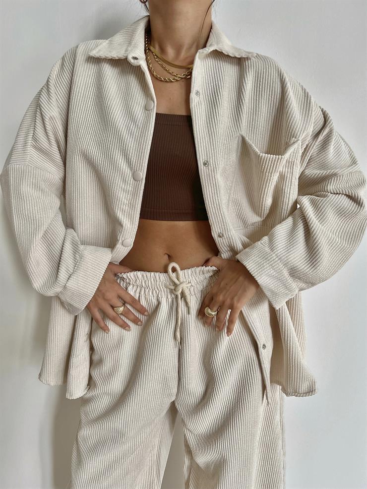 Çıtçıt Kapamalı Cepli Gömlek Beli Bağcıklı Şalvar Pantolon Dante Kadın Bej Kadife Takım 24k000045