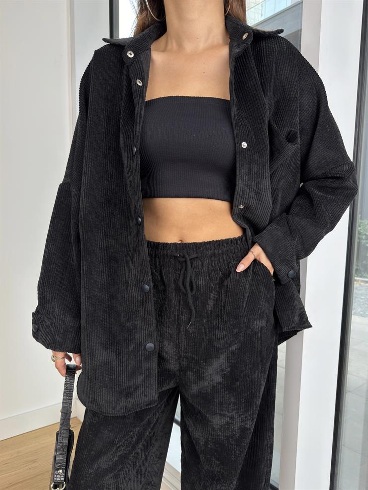 Çıtçıt Kapamalı Cepli Gömlek Beli Bağcıklı Şalvar Pantolon Dante Kadın Siyah Kadife Takım 24k000045