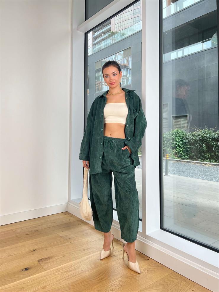 Çıtçıt Kapamalı Cepli Gömlek Beli Bağcıklı Şalvar Pantolon Dante Kadın Zümrüt Kadife Takım 24k000045