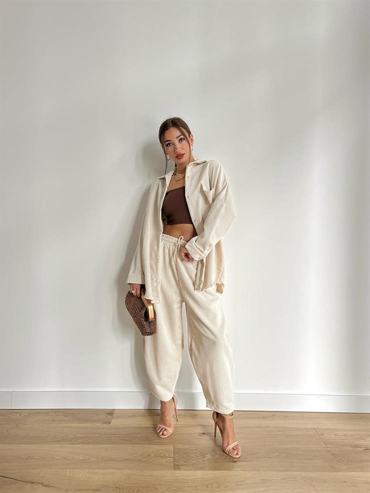 Çıtçıt Kapamalı Cepli Gömlek Beli Bağcıklı Şalvar Pantolon Dante Kadın Bej Kadife Takım 24k000045
