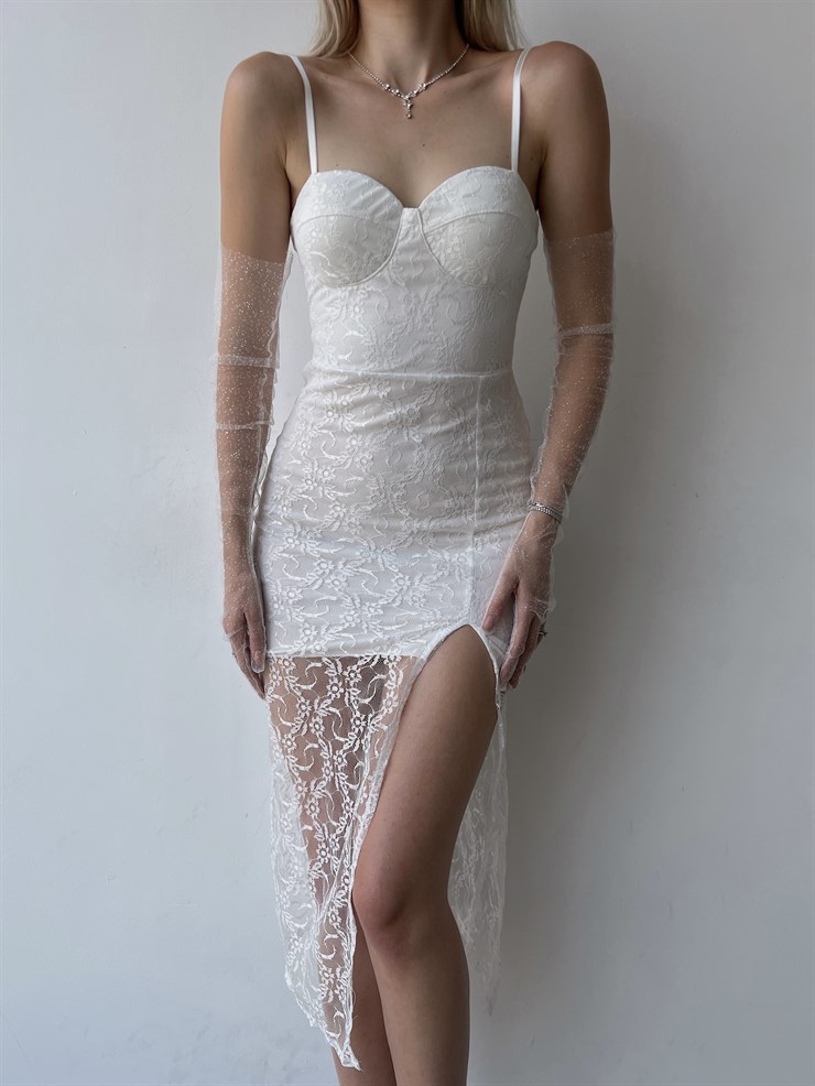 Dantel Göğüs Kuplu İnce Askılı Tavian Kadın Beyaz Yırtmaçlı Elbise 22Y000332