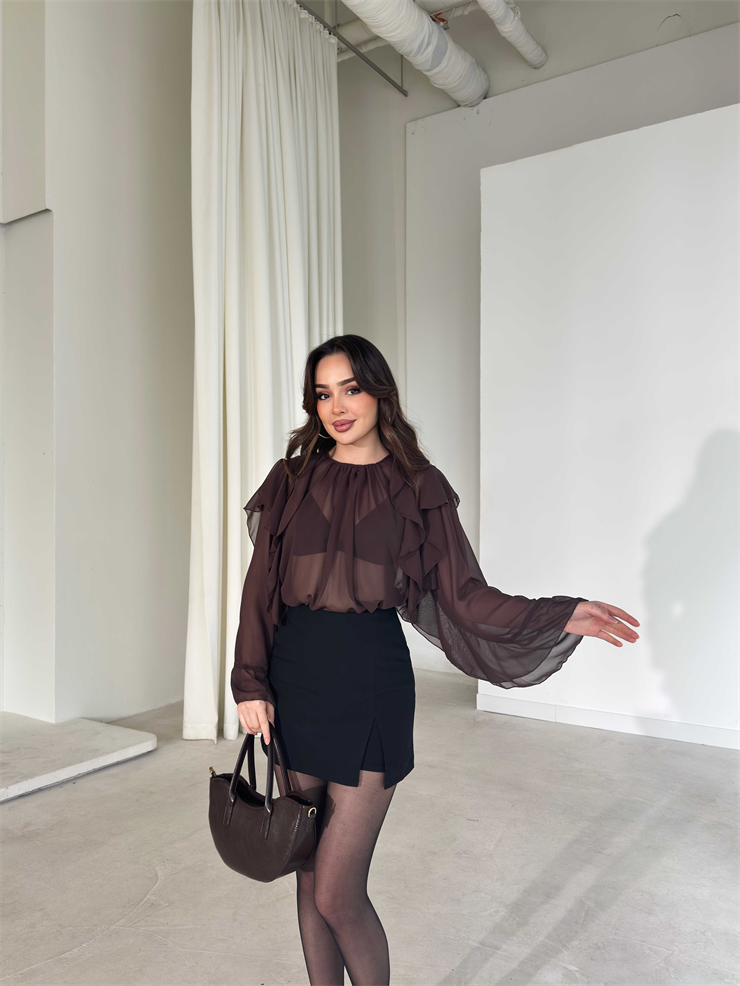 Fırfır Detaylı Transparan Kahverengi Daphne Kadın Bluz 26Y179