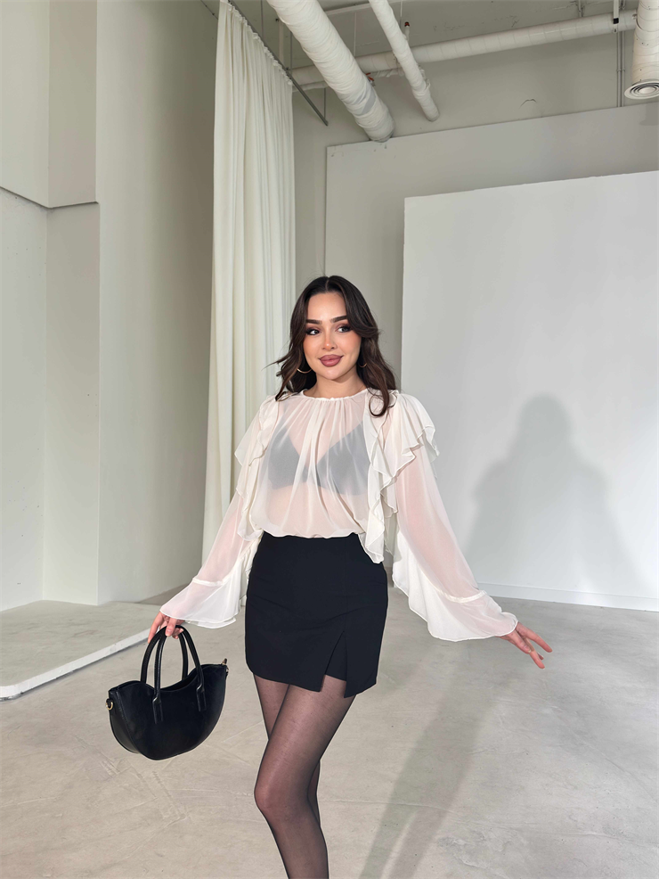Fırfır Detaylı Transparan Ekru Daphne Kadın Bluz 26Y179