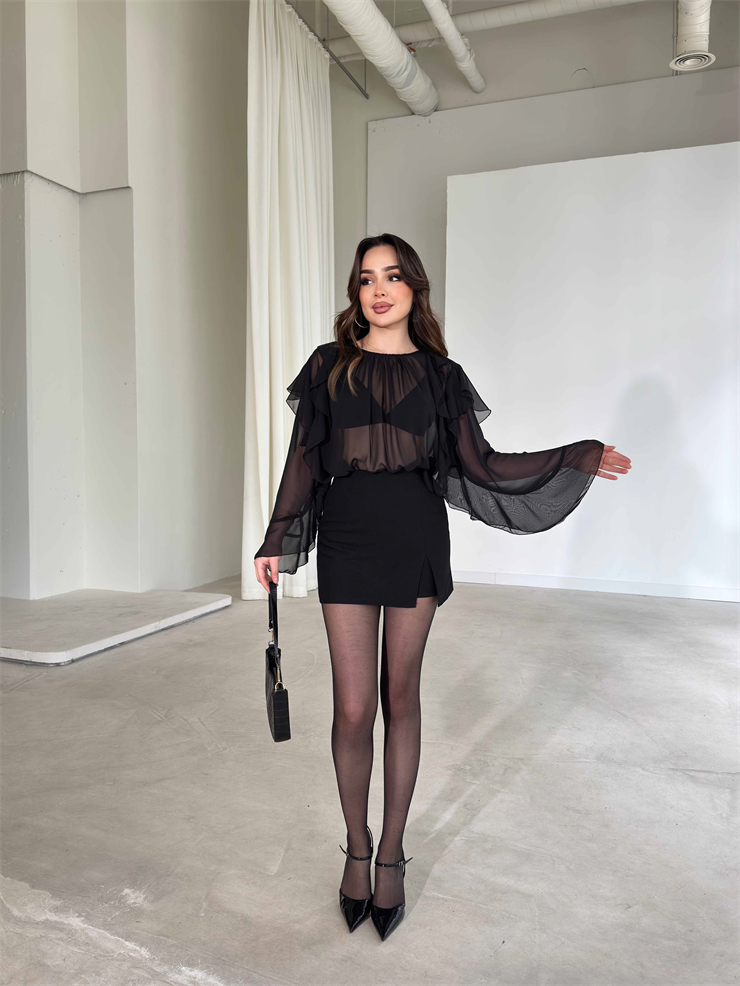 Fırfır Detaylı Transparan Siyah Daphne Kadın Bluz 26Y179