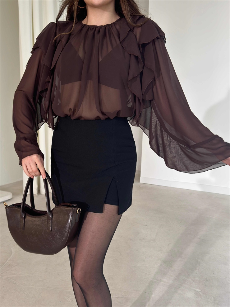 Fırfır Detaylı Transparan Kahverengi Daphne Kadın Bluz 26Y179