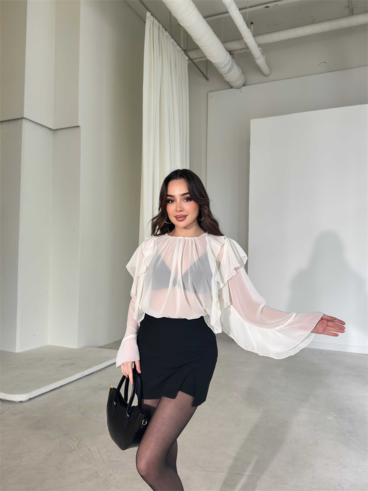 Fırfır Detaylı Transparan Ekru Daphne Kadın Bluz 26Y179