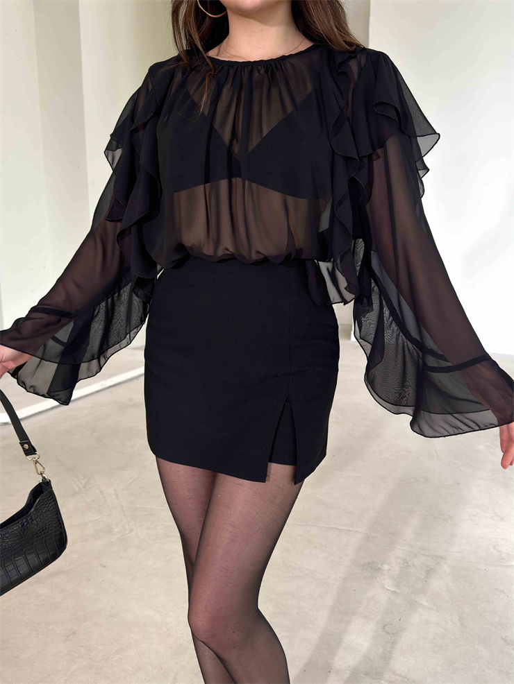 Fırfır Detaylı Transparan Siyah Daphne Kadın Bluz 26Y179