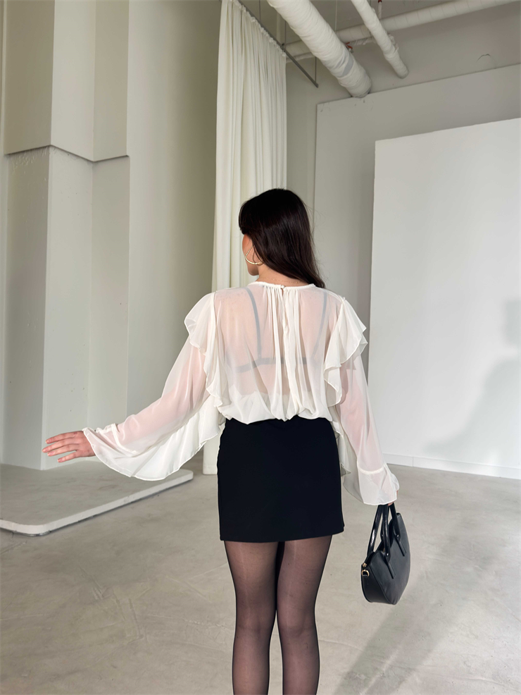Fırfır Detaylı Transparan Ekru Daphne Kadın Bluz 26Y179