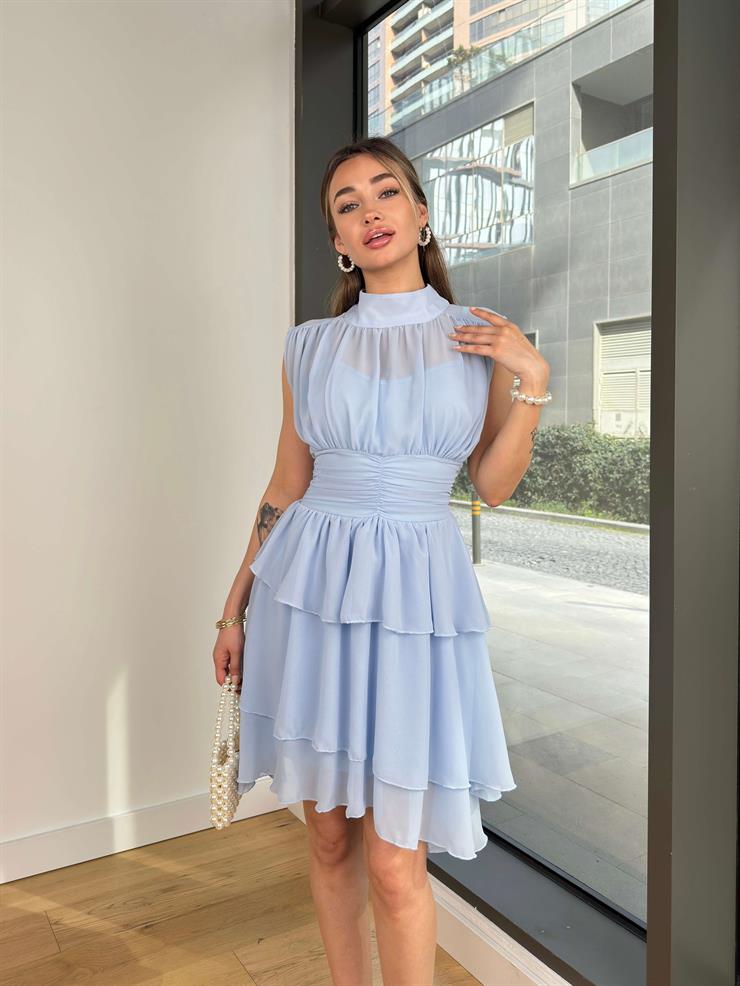 Yarım Boğazlı Kolsuz Belden Oturtmalı Eteği Katlı Darell Kadın Bebe Mavisi Mini Elbise 24Y311