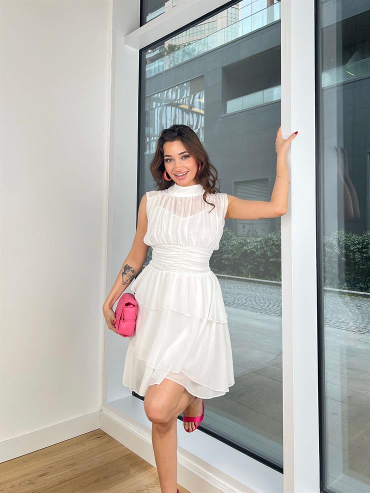 Yarım Boğazlı Kolsuz Belden Oturtmalı Eteği Katlı Darell Kadın Ekru Mini Elbise 24Y311