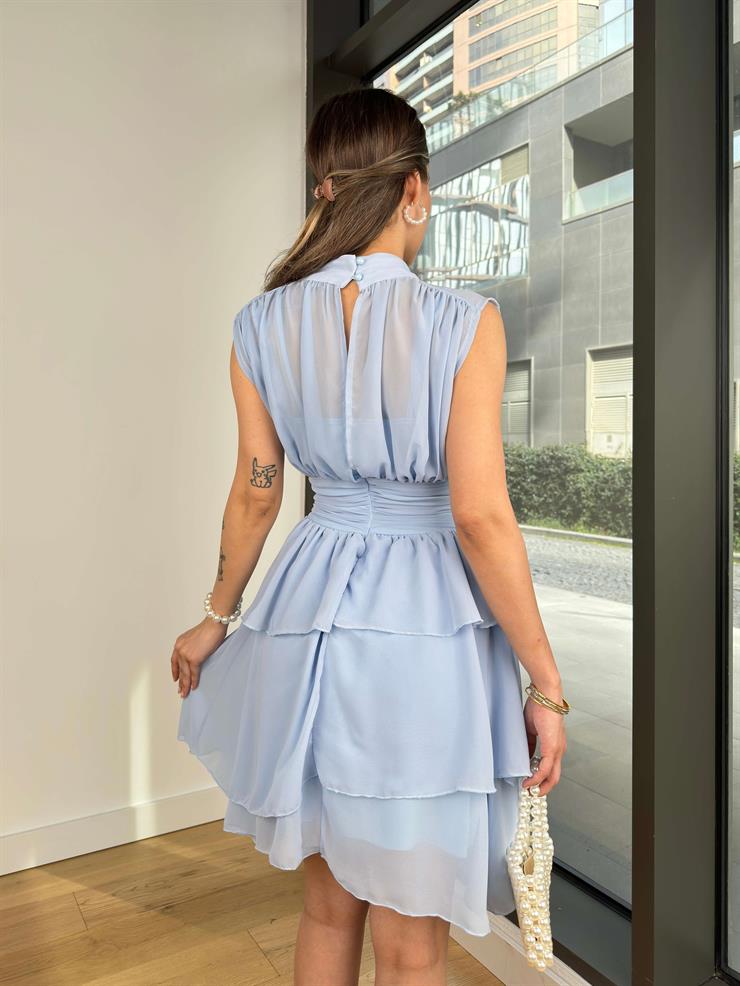 Yarım Boğazlı Kolsuz Belden Oturtmalı Eteği Katlı Darell Kadın Bebe Mavisi Mini Elbise 24Y311