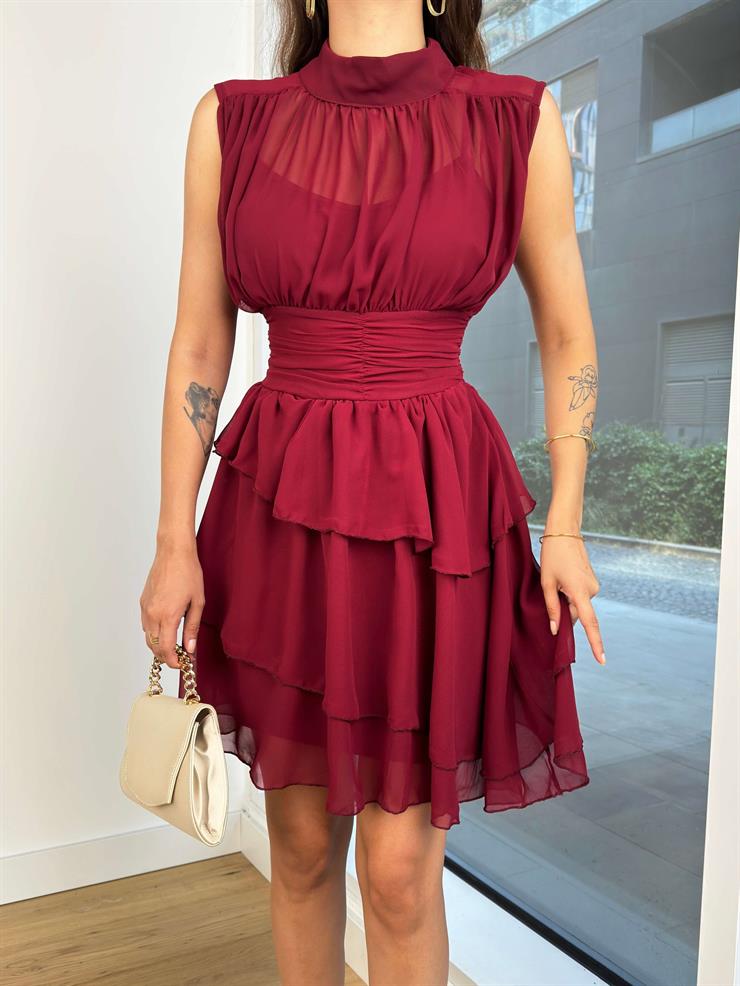 Yarım Boğazlı Kolsuz Belden Oturtmalı Eteği Katlı Darell Kadın Bordo Mini Elbise 24Y311