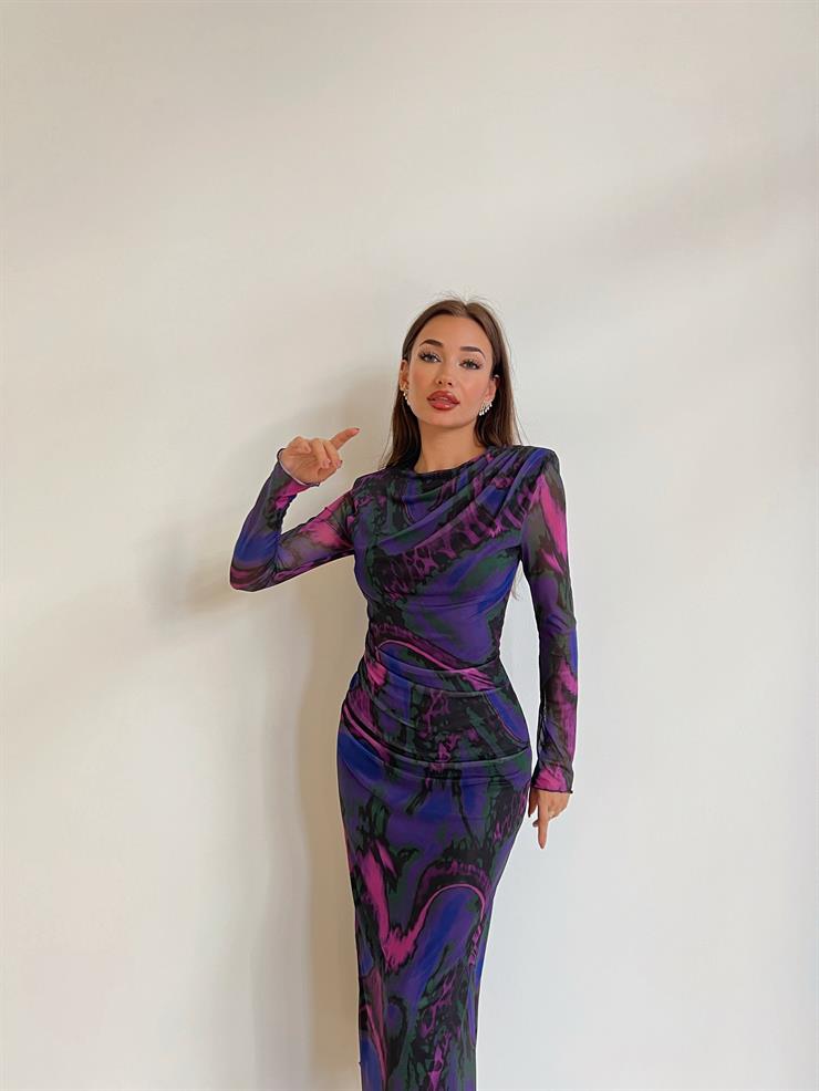 Uzun Tül Kol Drape Detaylı Daria Kadın Renkli Midi Elbise 24k000079