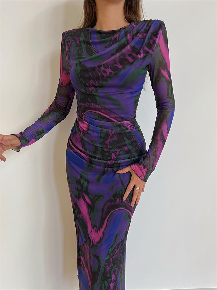 Uzun Tül Kol Drape Detaylı Daria Kadın Renkli Midi Elbise 24k000079