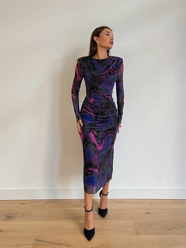 Uzun Tül Kol Drape Detaylı Daria Kadın Renkli Midi Elbise 24k000079