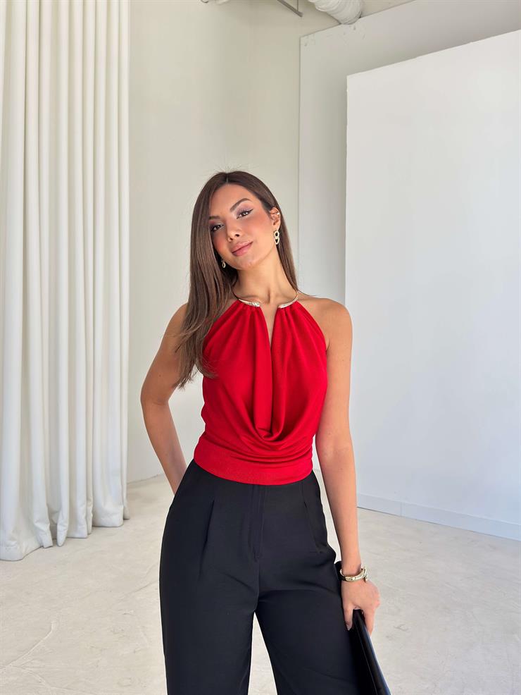 Boyundan Aksesuarlı Degaje Yaka Sırtı Lastikli Darian Kırmızı Kadın Bluz 26K227