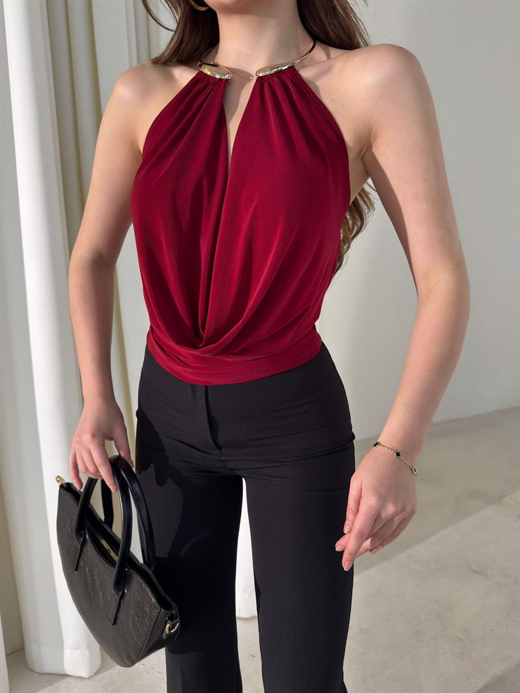 Boyundan Aksesuarlı Degaje Yaka Sırtı Lastikli Darian Bordo Kadın Bluz 26K227