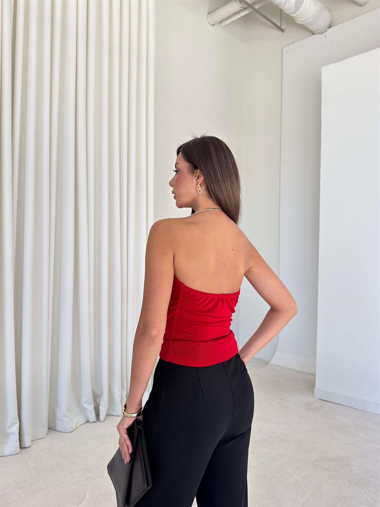 Boyundan Aksesuarlı Degaje Yaka Sırtı Lastikli Darian Kırmızı Kadın Bluz 26K227