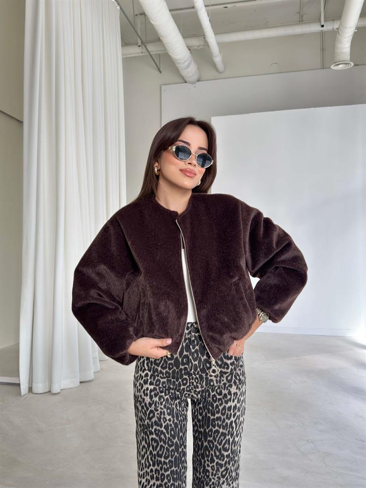 Önü Fermuarlı Gizli Cepli Bomber Darian Kahve Kadın Crop Ceket 26K219