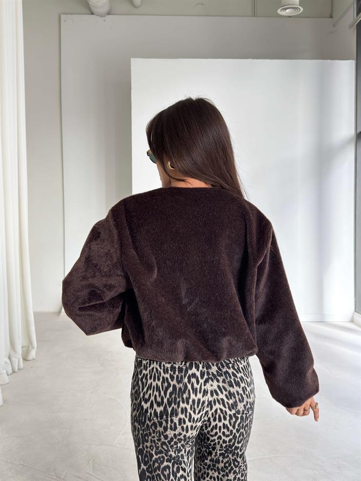 Önü Fermuarlı Gizli Cepli Bomber Darian Kahve Kadın Crop Ceket 26K219