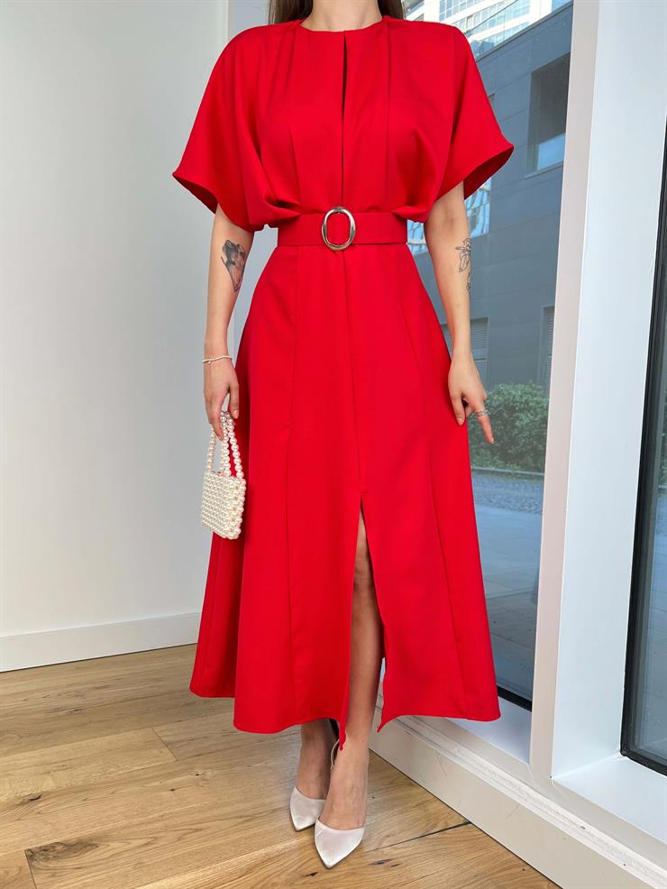 Geniş Kol Beli Kemerli Daril Kadın Kırmızı Midi Elbise 24Y511