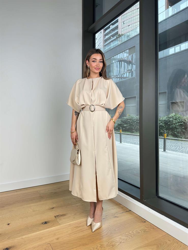 Geniş Kol Beli Kemerli Daril Kadın Taş Midi Elbise 24Y511