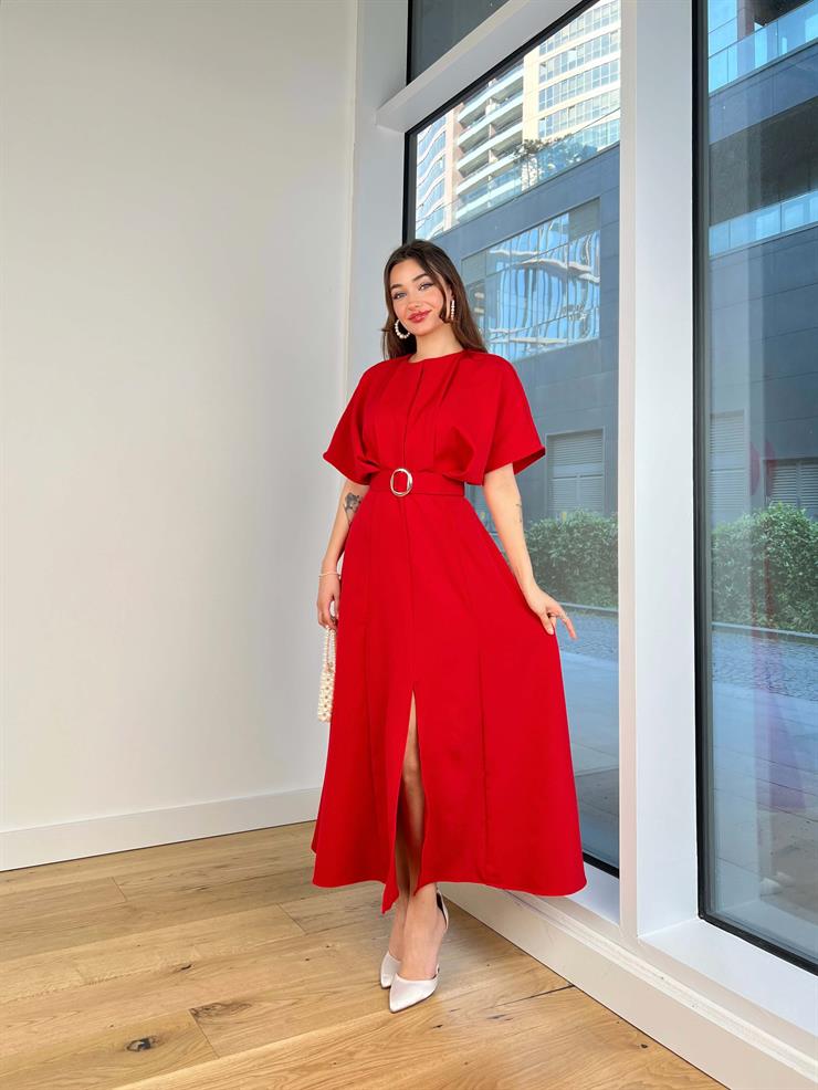 Geniş Kol Beli Kemerli Daril Kadın Kırmızı Midi Elbise 24Y511