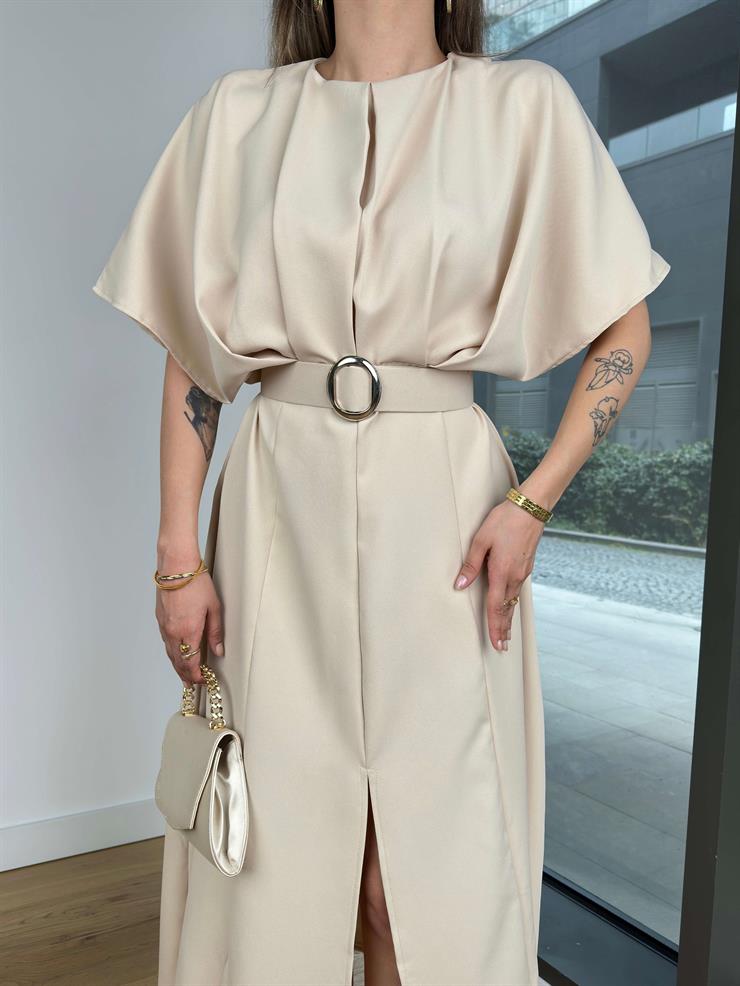 Geniş Kol Beli Kemerli Daril Kadın Taş Midi Elbise 24Y511