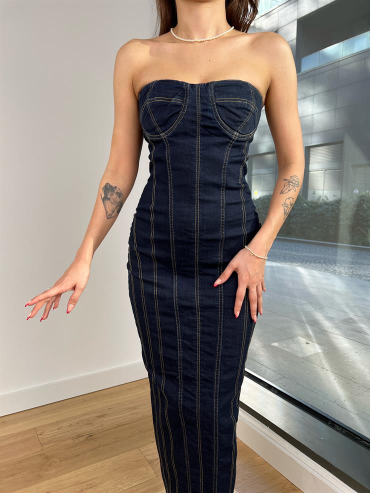 Straplez Çizgili Dark Kadın Mavi Maxi Kot Elbise 24Y054