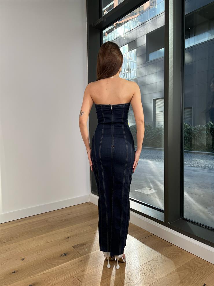 Straplez Çizgili Dark Kadın Mavi Maxi Kot Elbise 24Y054
