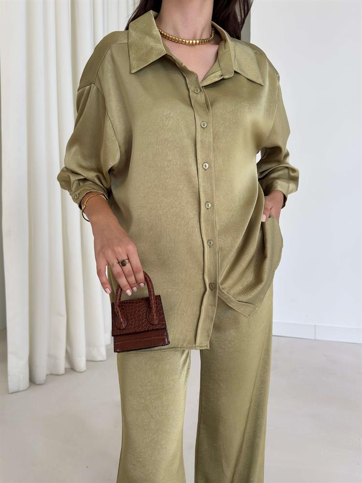 Düğme Detaylı Gömlek Ve Bol Paça Beli Lastikli Pantolon Darla Yeşil Kadın Takım 26K011