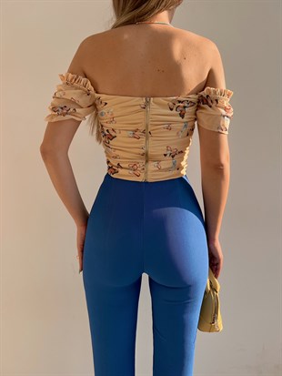 Kelebekli Açık Omuz Drapeli Dasia Kadın Sarı Crop Bluz 22K000618