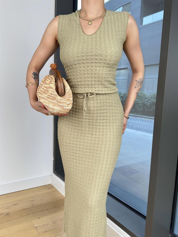 V Yaka Bluz Yüksek Bel Midi Etek Dastlen Haki Kadın Takım 25Y515