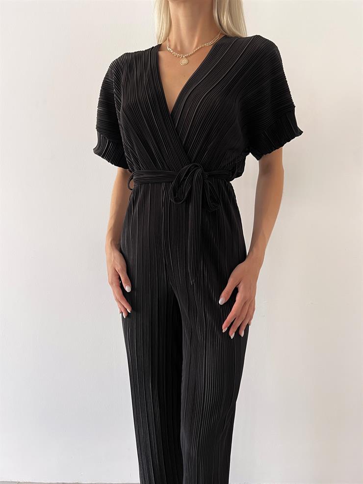 Kruvaze Yaka Kısa Kollu Beli Kuşaklı Davi Kadın Siyah Tulum 23Y000517