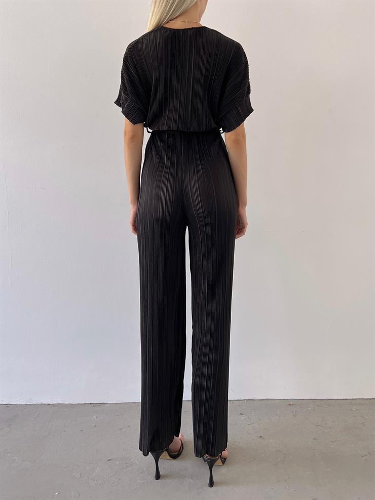 Kruvaze Yaka Kısa Kollu Beli Kuşaklı Davi Kadın Siyah Tulum 23Y000517